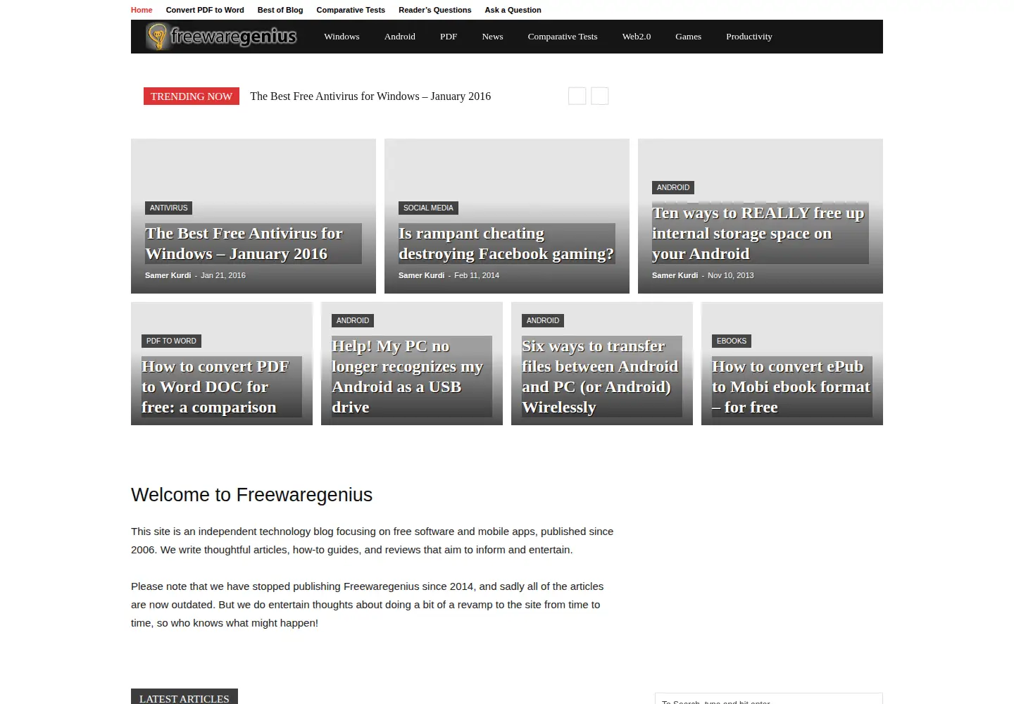 Captured homepage of freewaregenius.com in the current scan