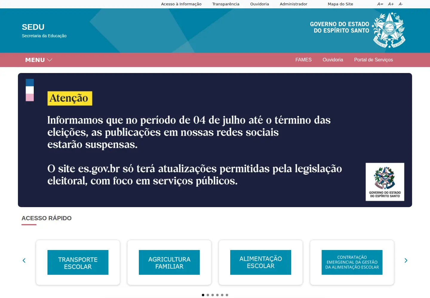 Captured homepage of sedu.es.gov.br in the current scan