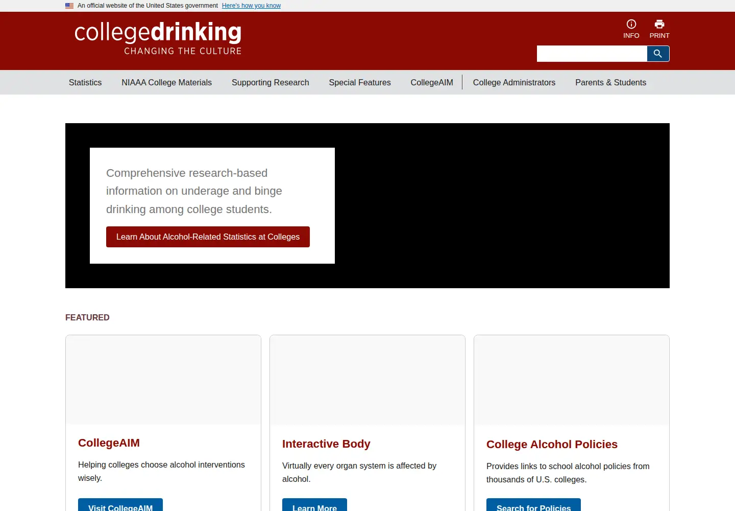 Screenshot of collegedrinkingprevention.gov