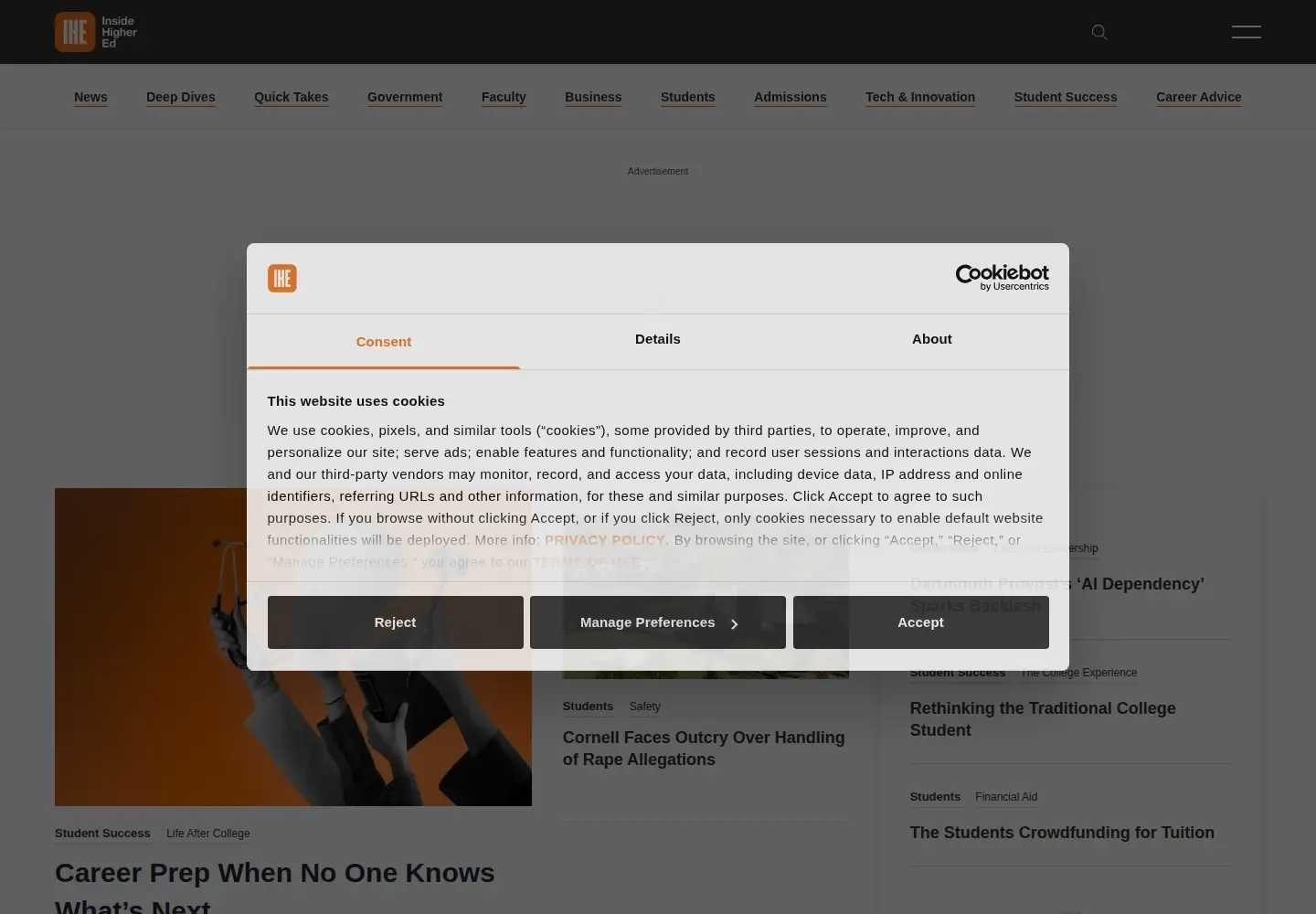 Screenshot of insidehighered.com