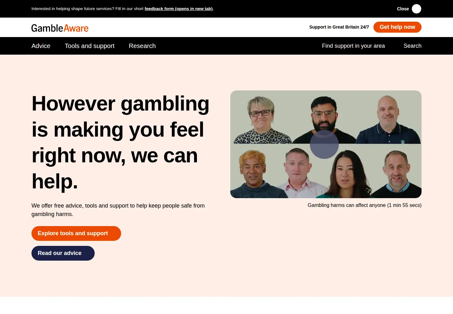 Screenshot of gambleaware.co.uk