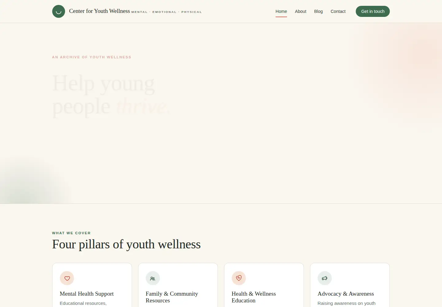 Captured homepage of centerforyouthwellness.org in the current scan