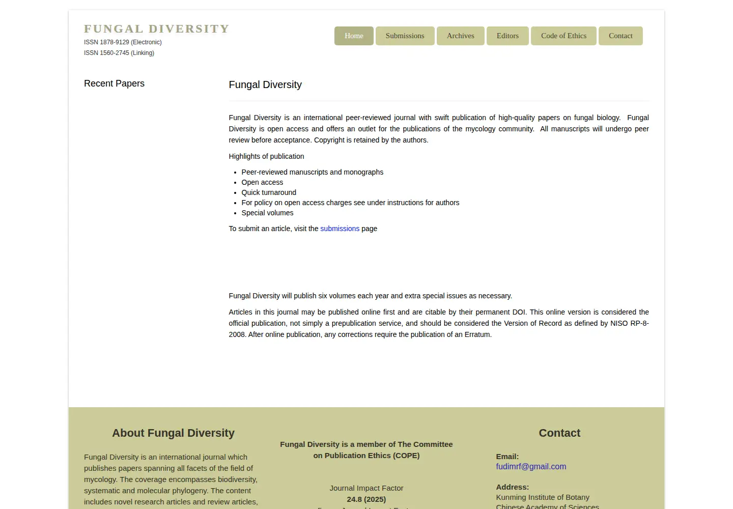 Captured homepage of fungaldiversity.org in the current scan