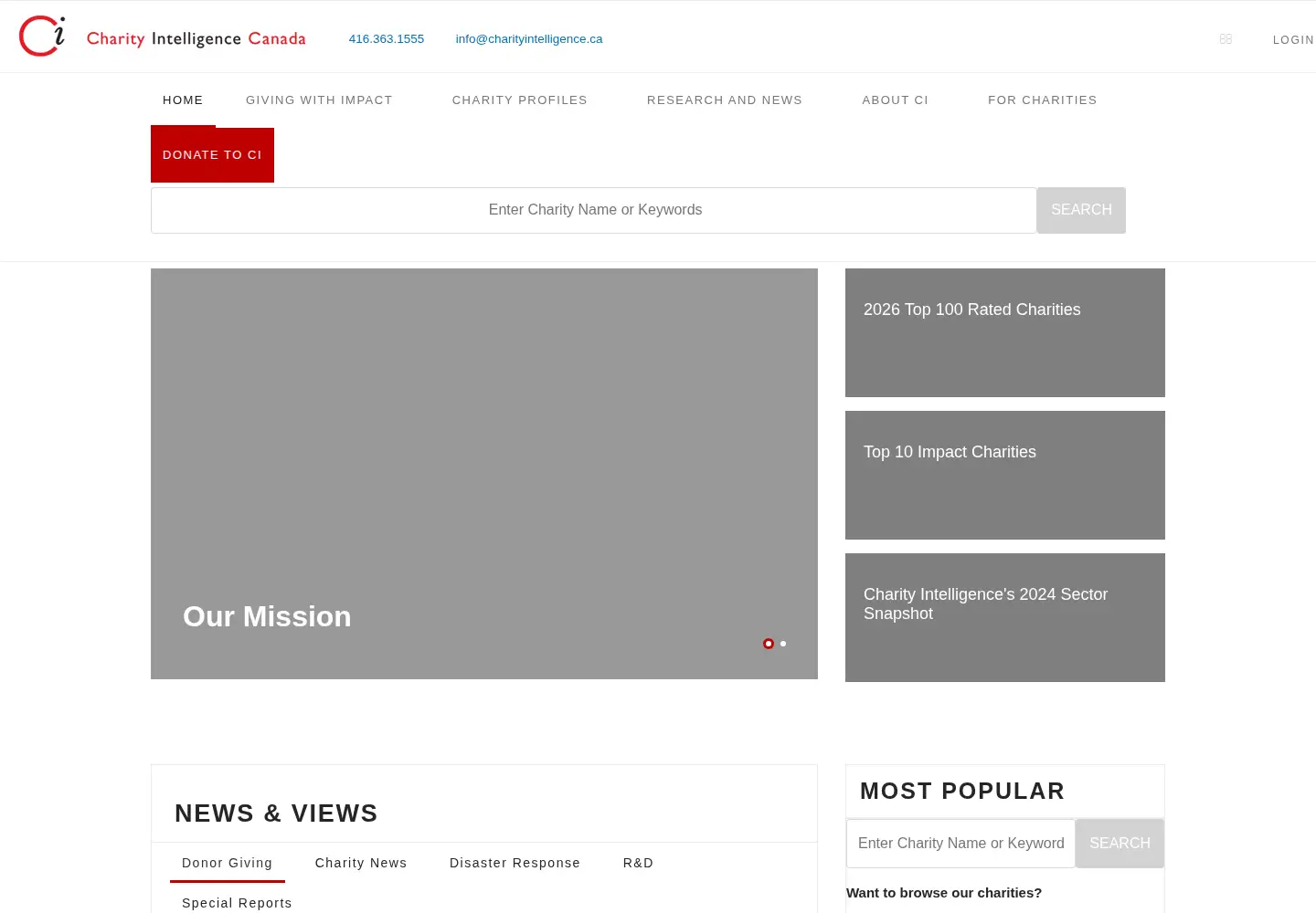 Captured homepage of charityintelligence.ca in the current scan