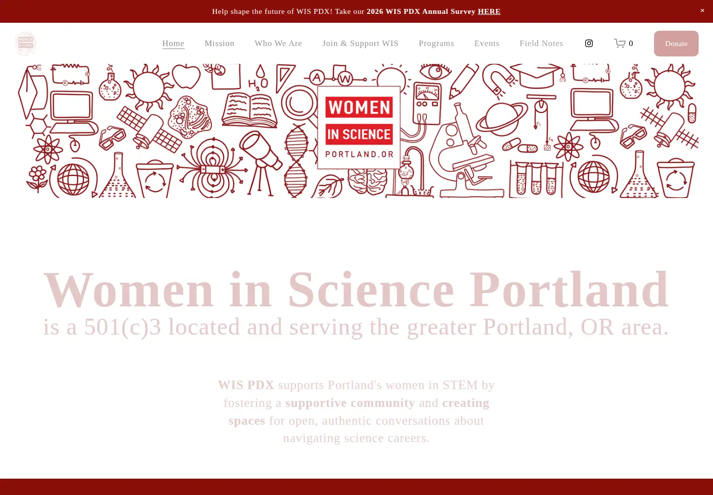 Captured homepage of womeninsciencepdx.org in the current scan