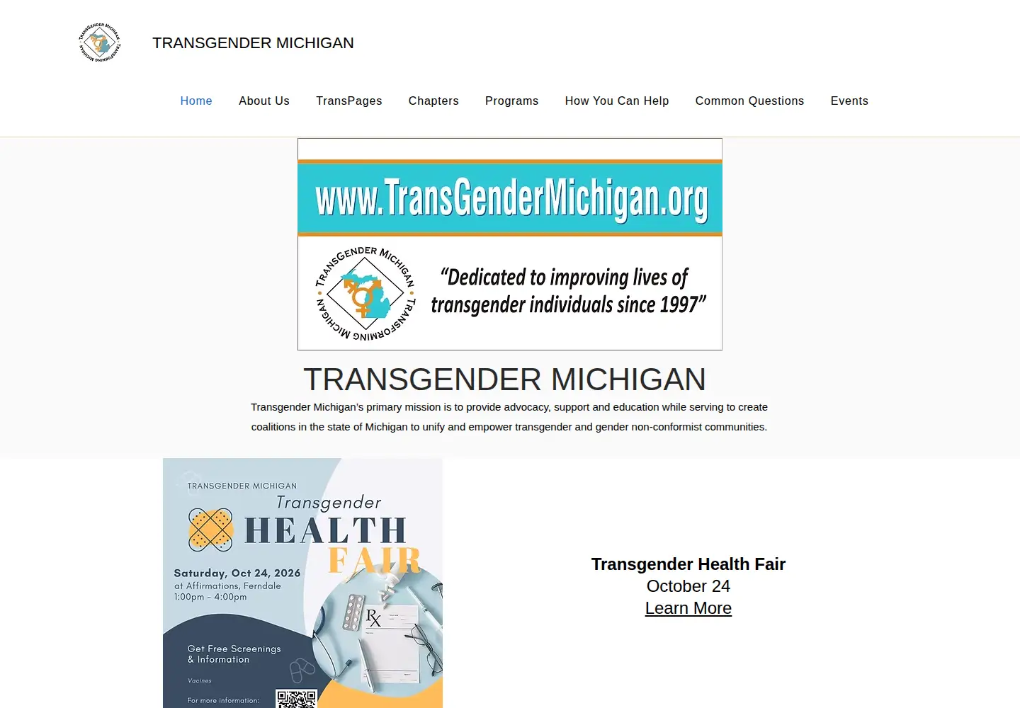 Captured homepage of transgendermichigan.org in the current scan