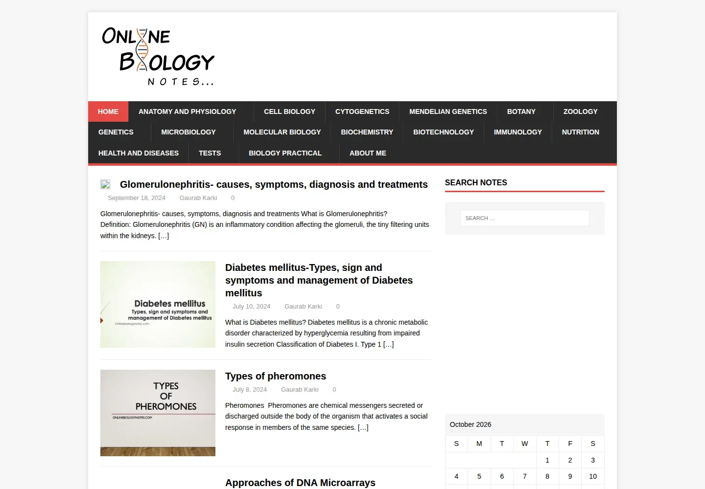 Screenshot of onlinebiologynotes.com