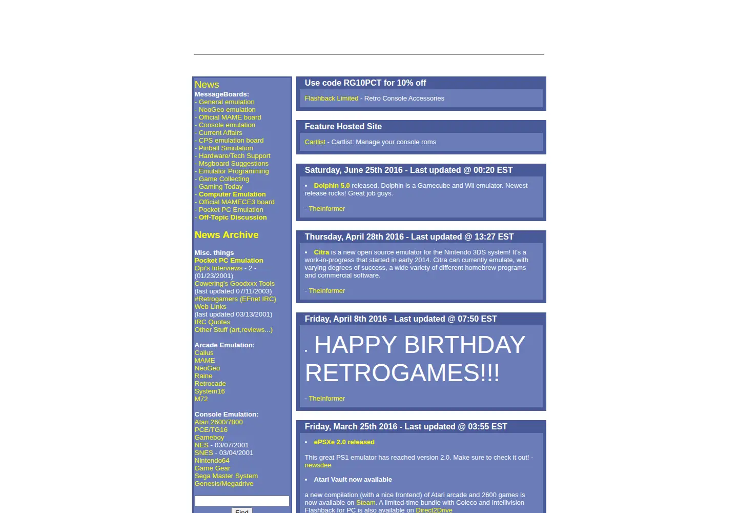 Captured homepage of retrogames.com in the current scan