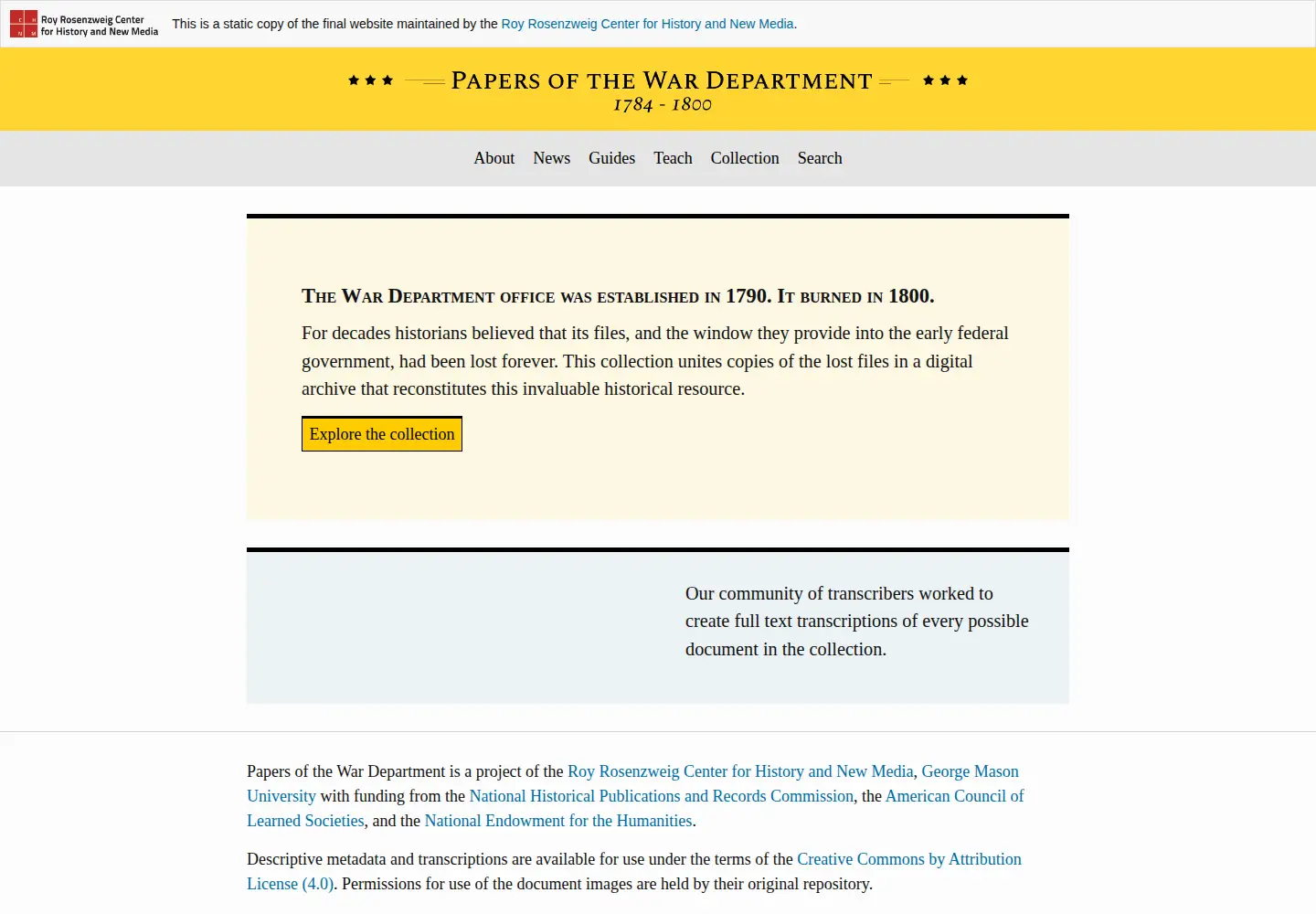 Captured homepage of wardepartmentpapers.org in the current scan