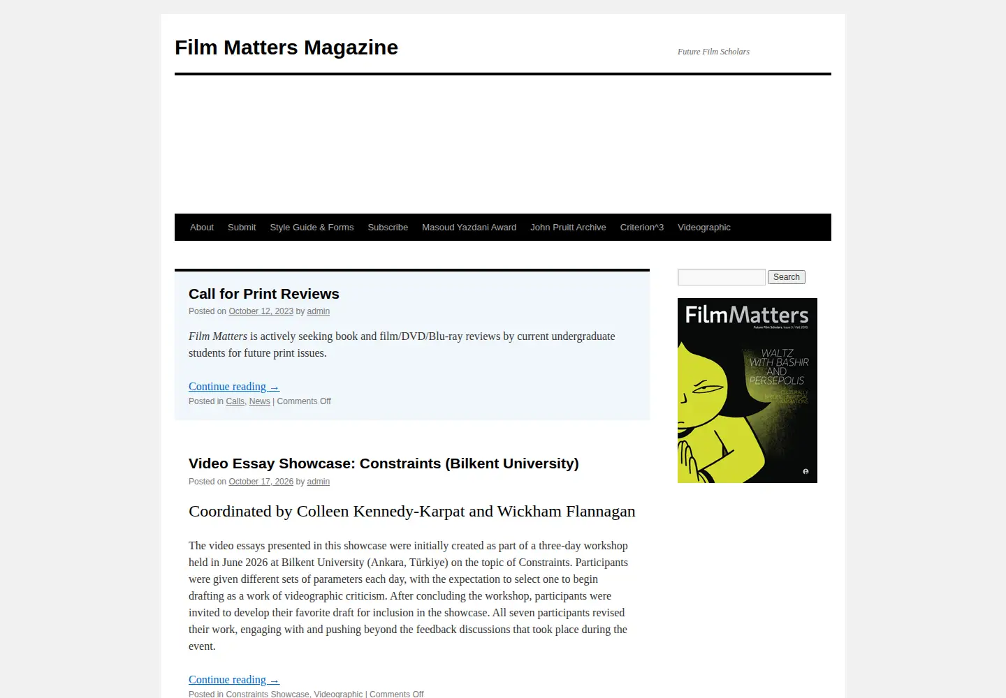 Captured homepage of filmmattersmagazine.com in the current scan