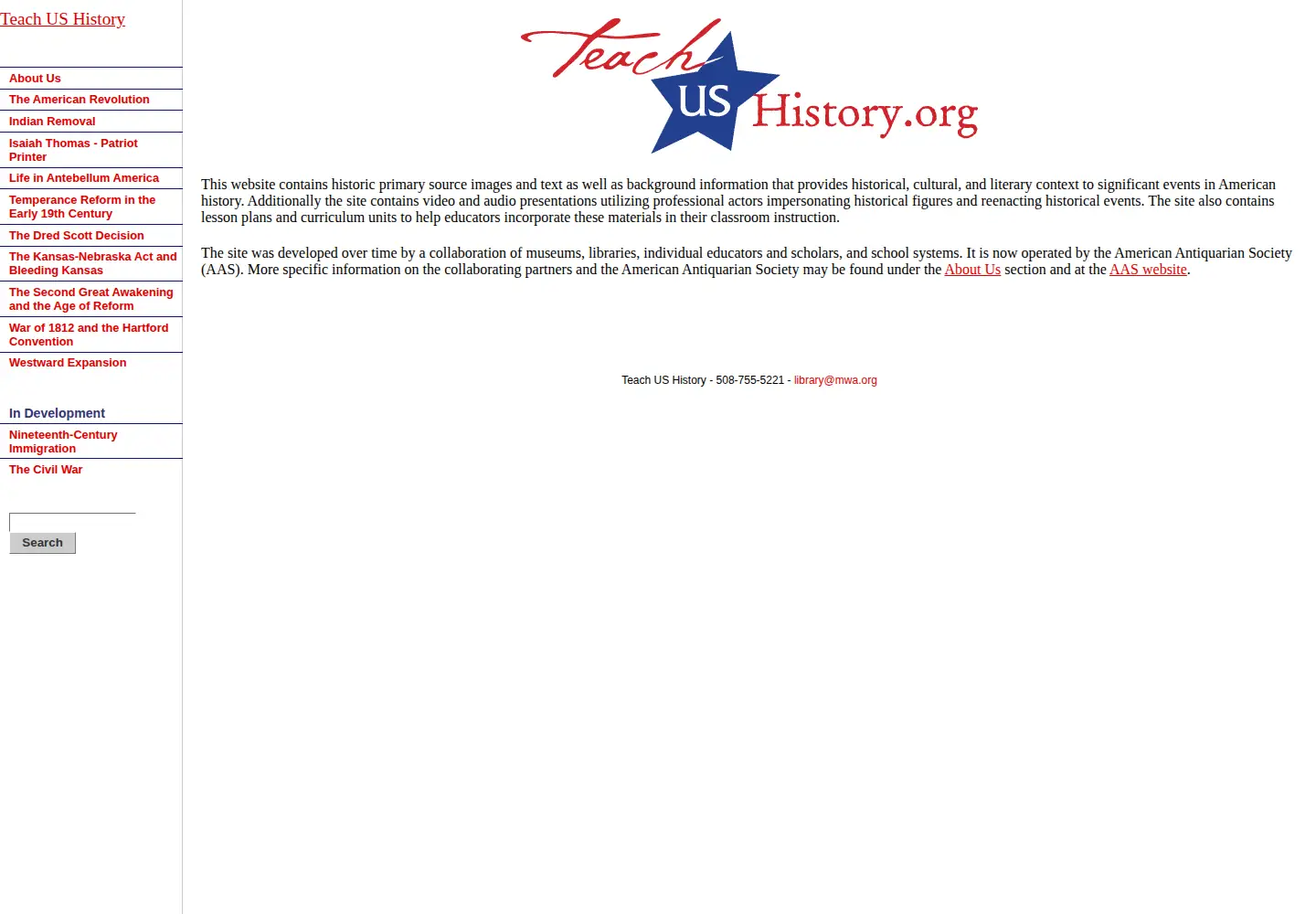 Captured homepage of teachushistory.org in the current scan