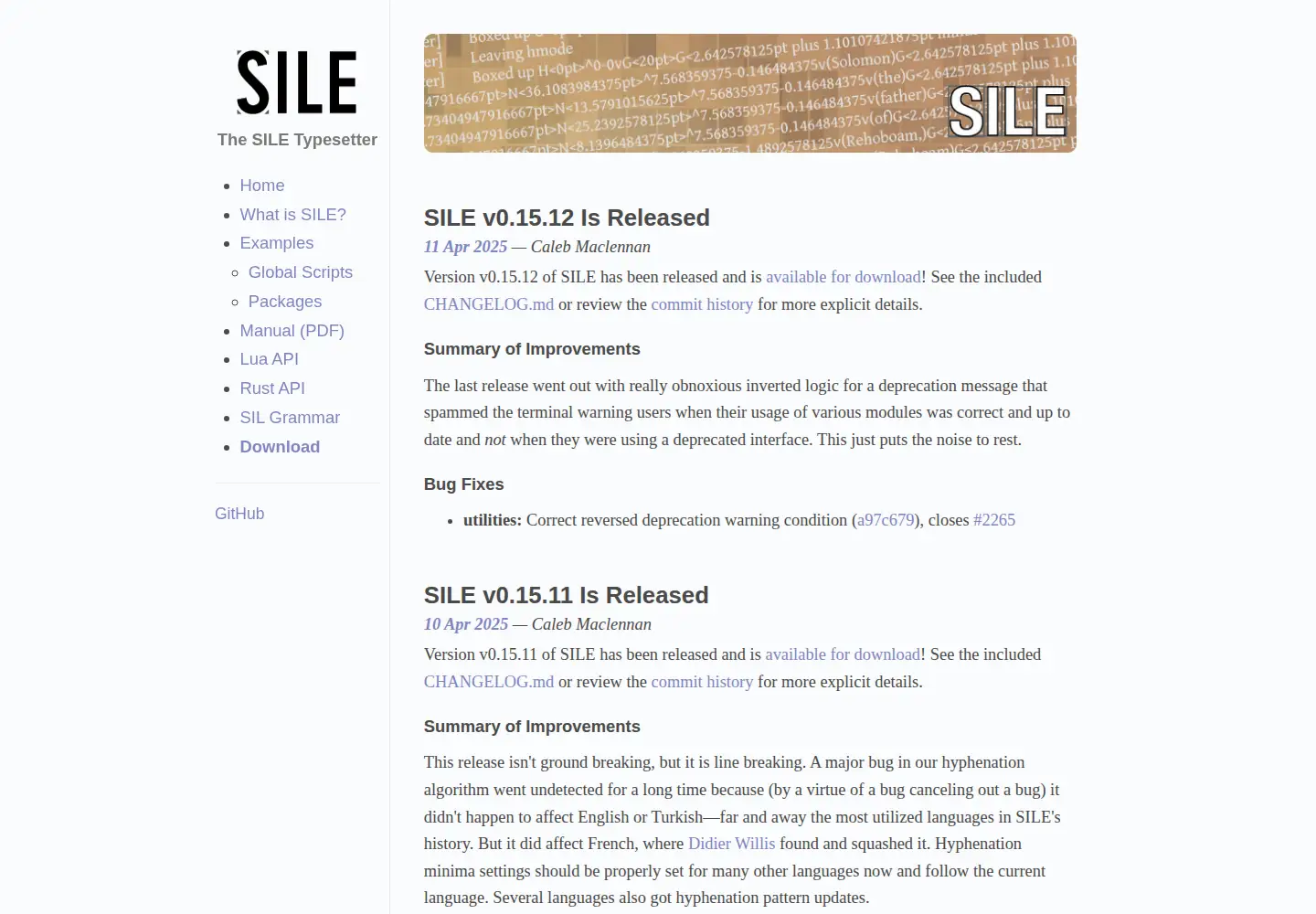 Captured homepage of sile-typesetter.org in the current scan