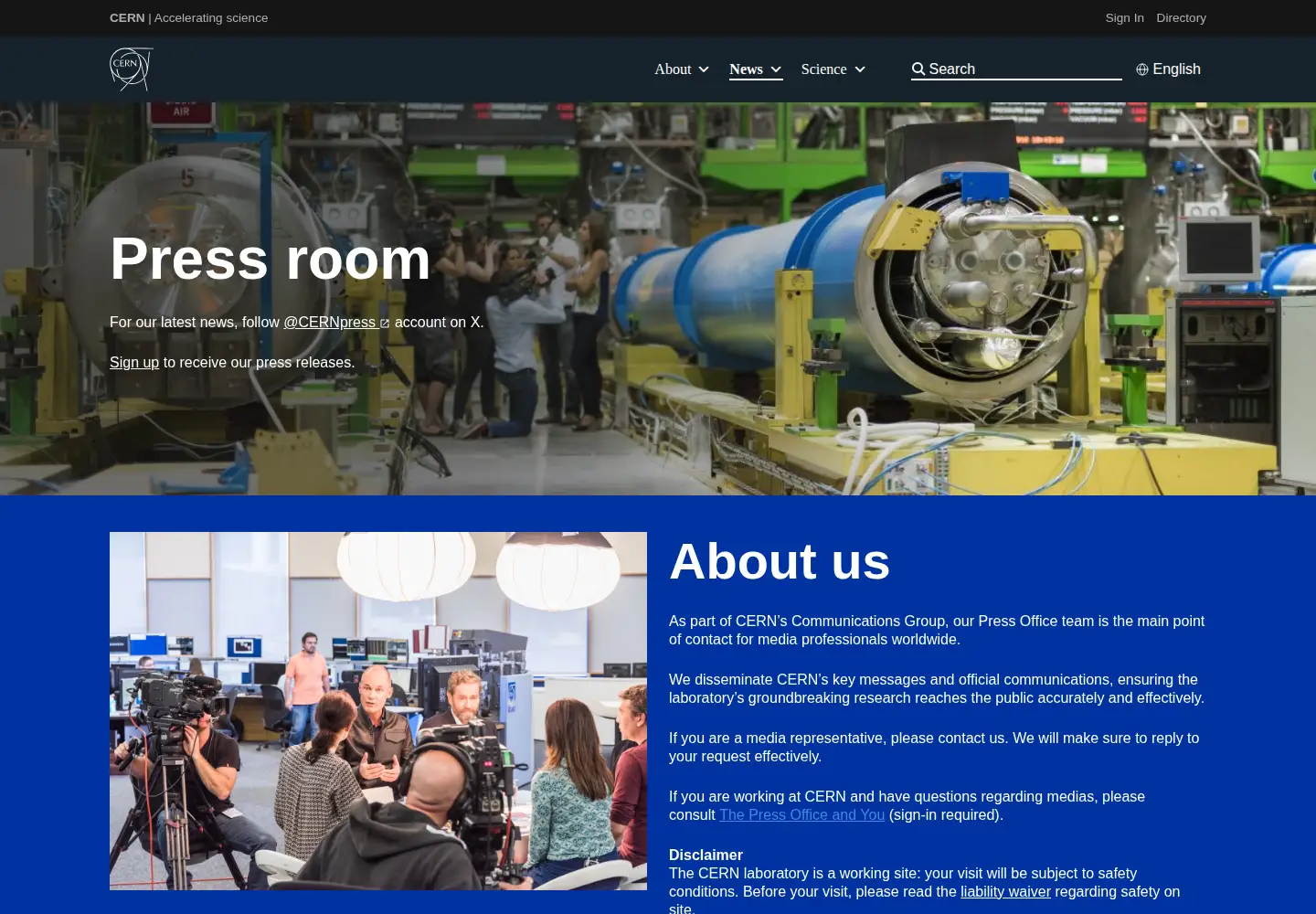 Captured homepage of press.cern in the current scan