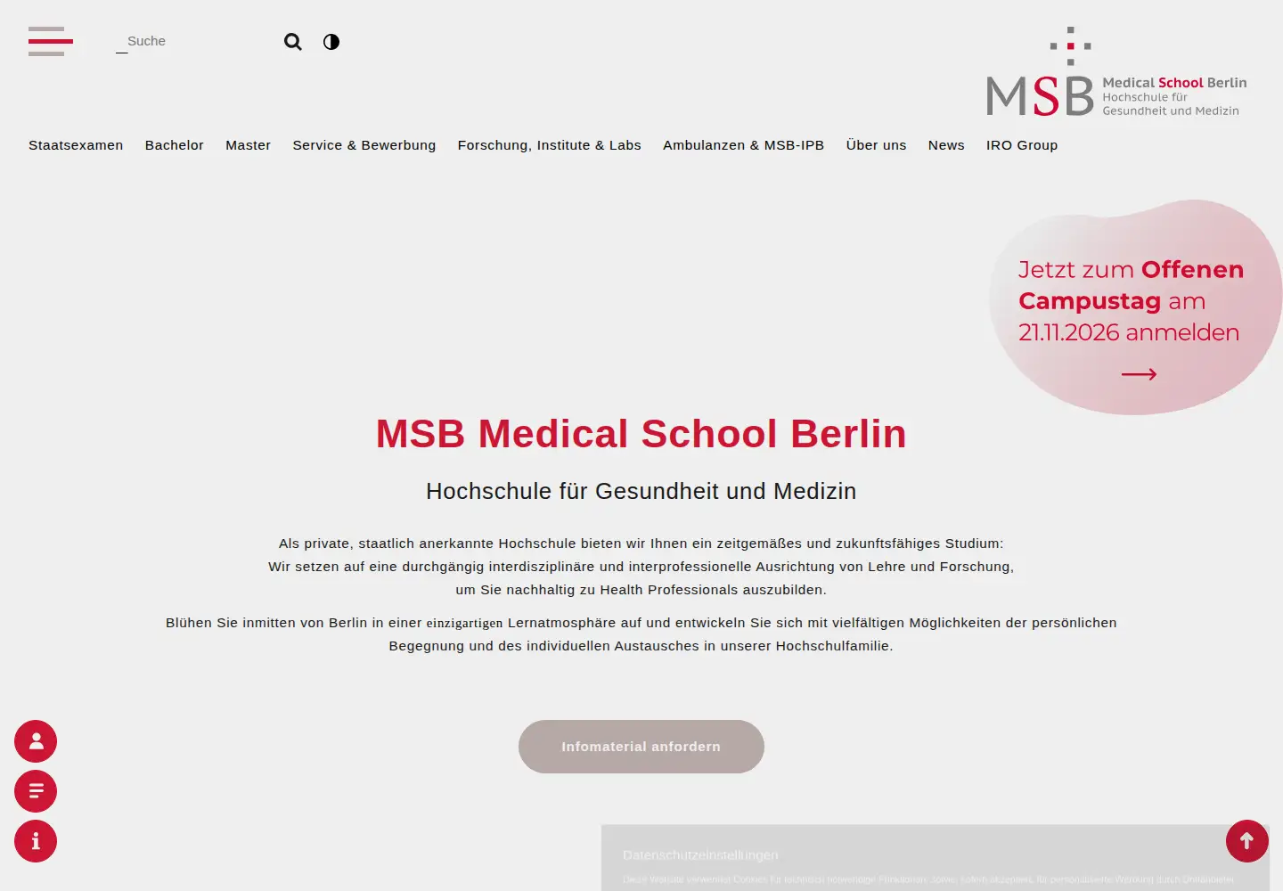 Captured homepage of medicalschool-berlin.de in the current scan