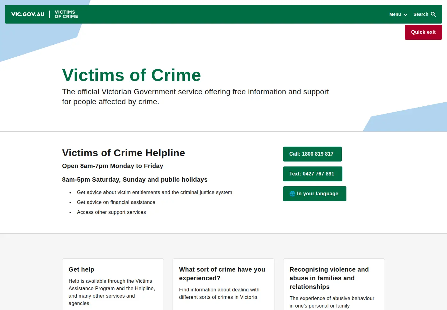Captured homepage of victimsofcrime.vic.gov.au in the current scan