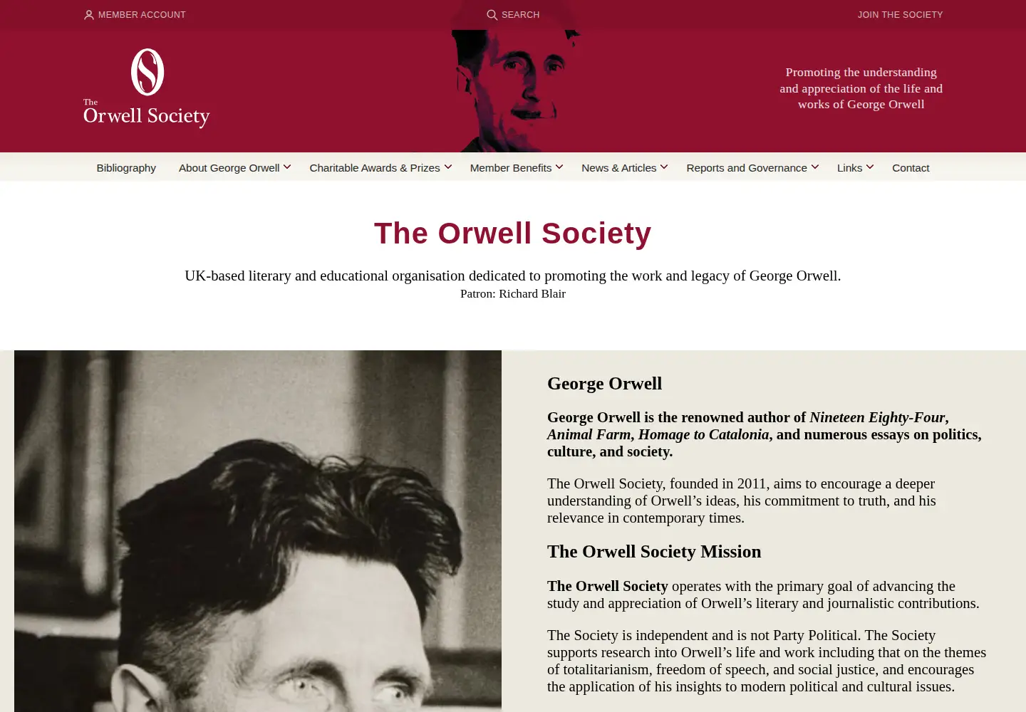 Captured homepage of orwellsociety.com in the current scan
