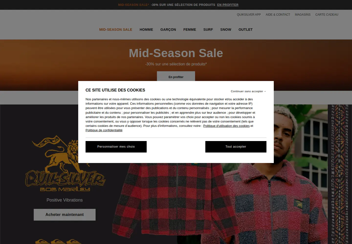 Captured homepage of quiksilver.fr in the current scan