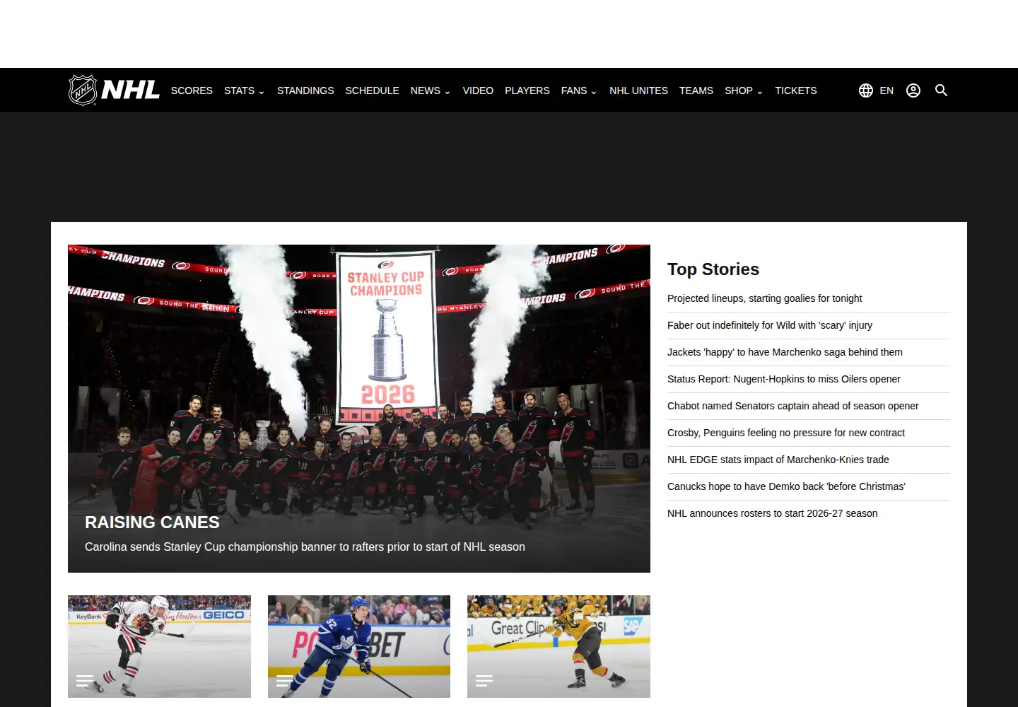 Captured homepage of nhl.com in the current scan