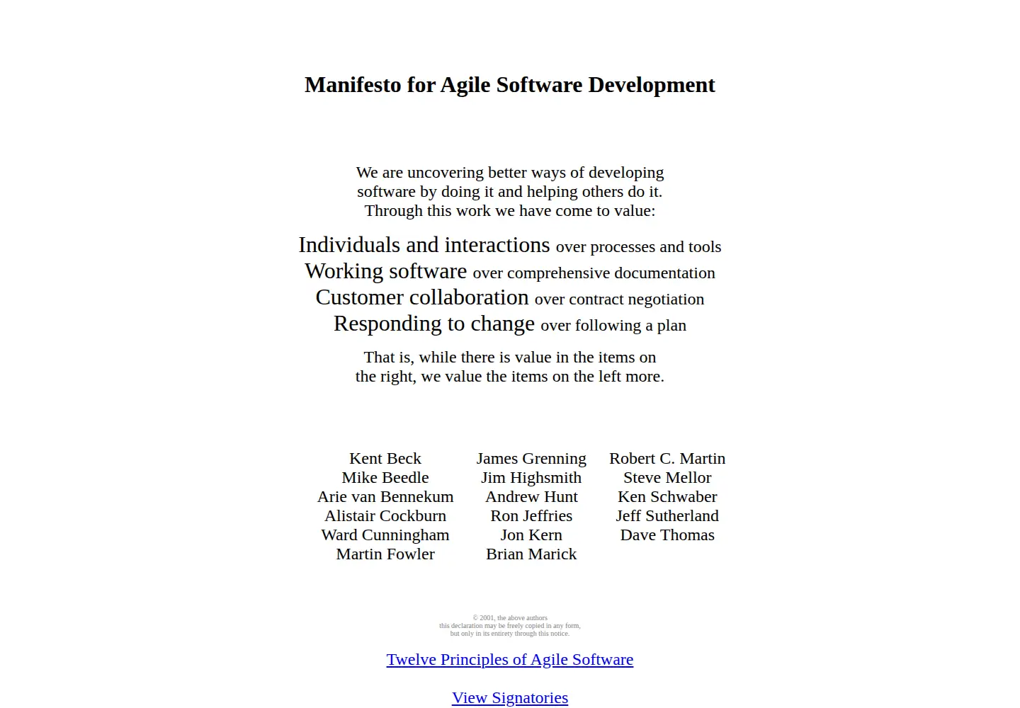 Screenshot of agilemanifesto.org