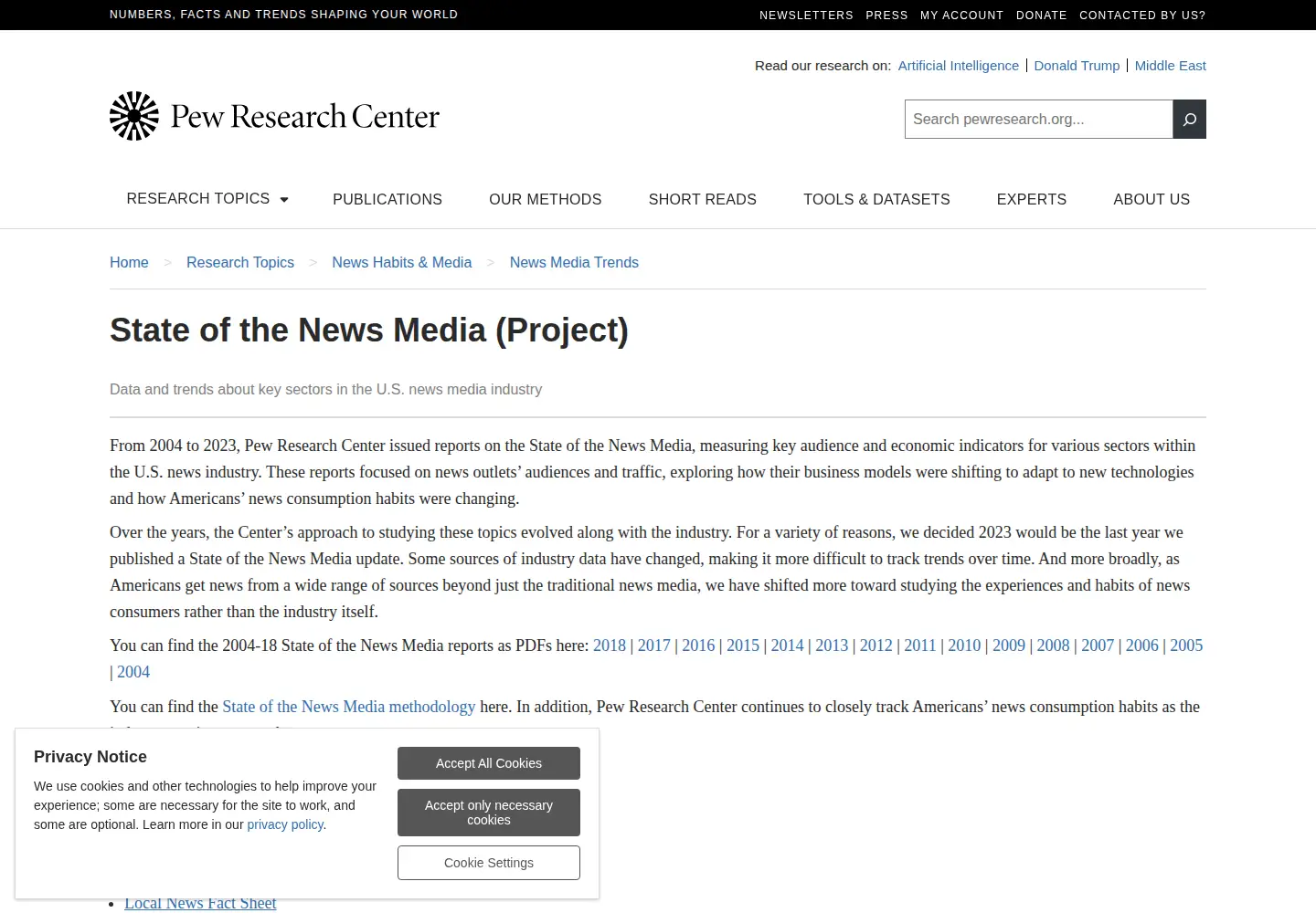 Screenshot of stateofthenewsmedia.org