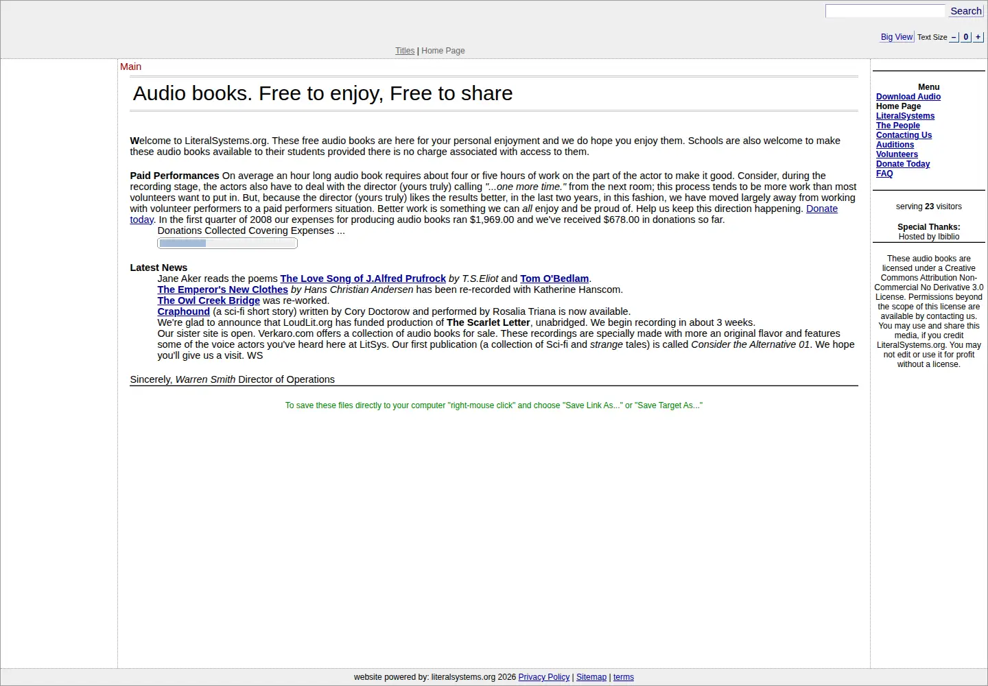 Captured homepage of literalsystems.org in the current scan