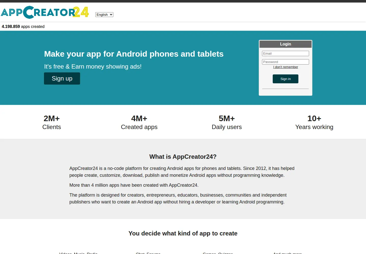 Screenshot of appcreator24.com