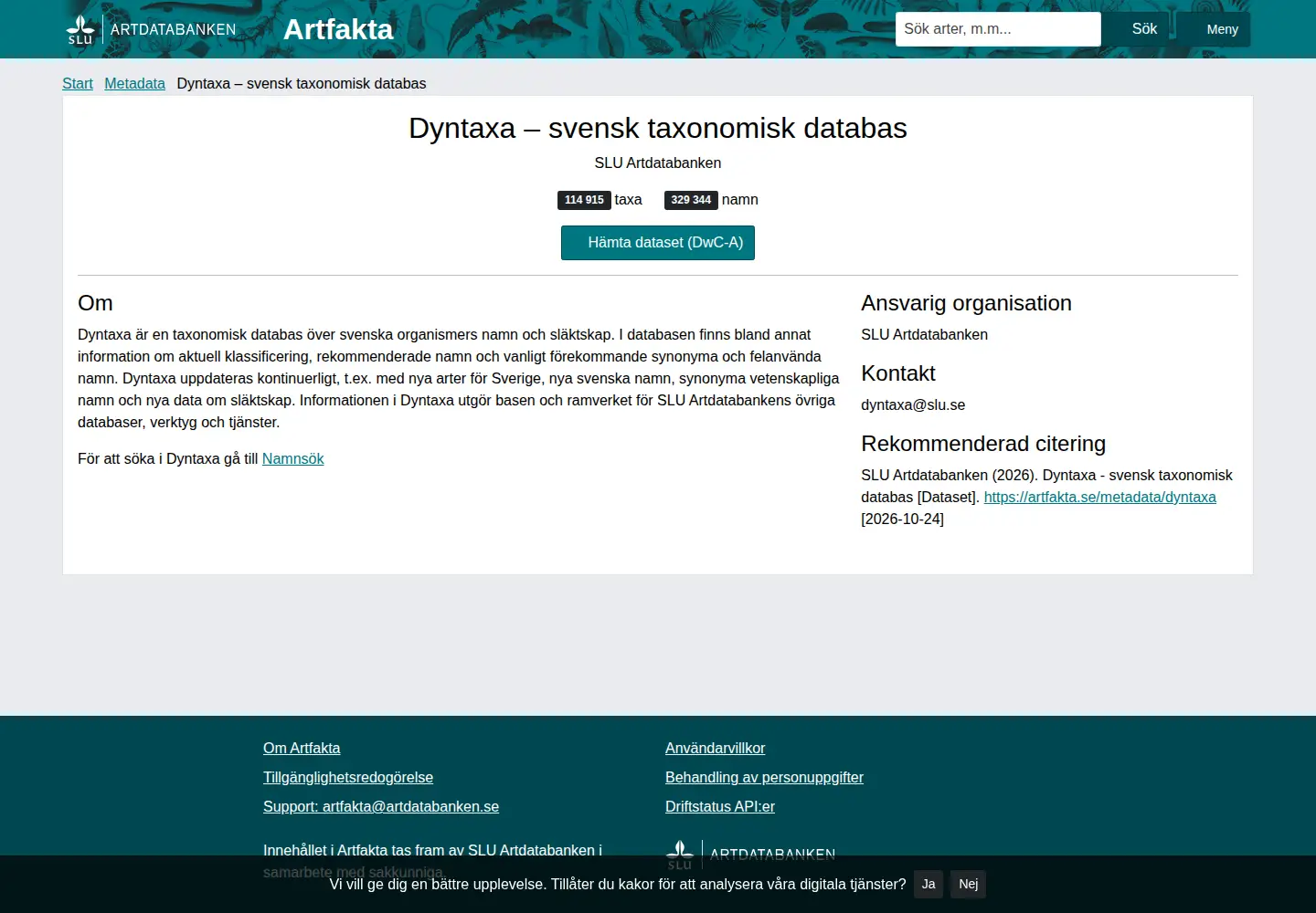 Captured homepage of dyntaxa.se in the current scan