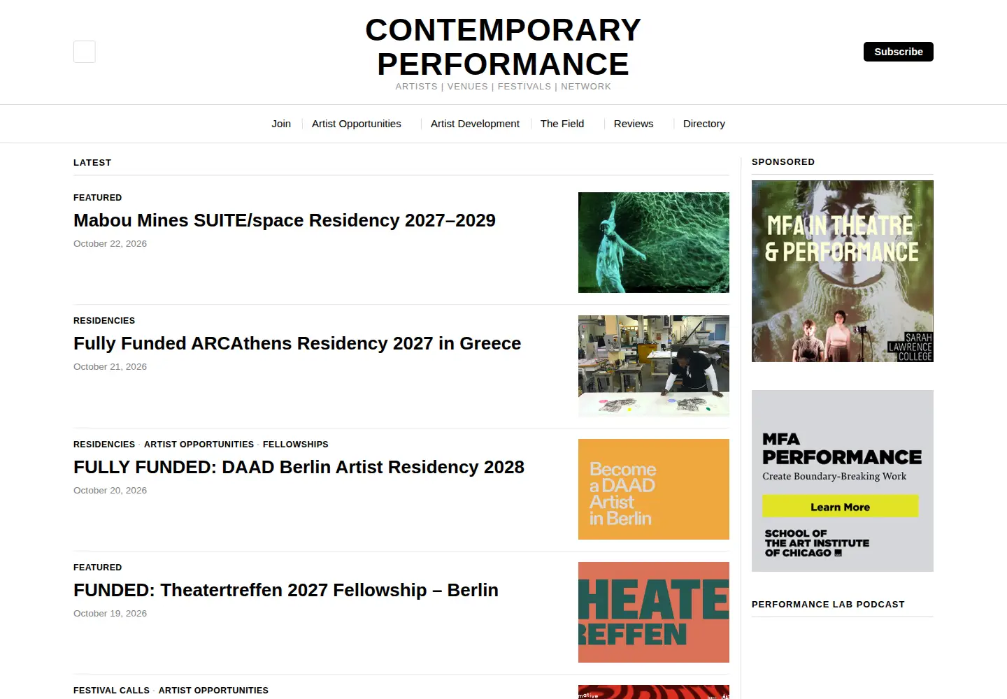 Screenshot of contemporaryperformance.com