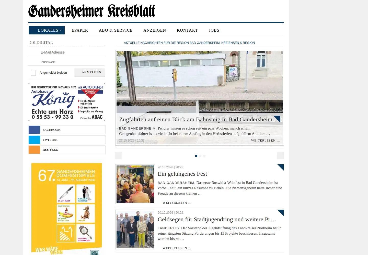 Captured homepage of gandersheimer-kreisblatt.de in the current scan