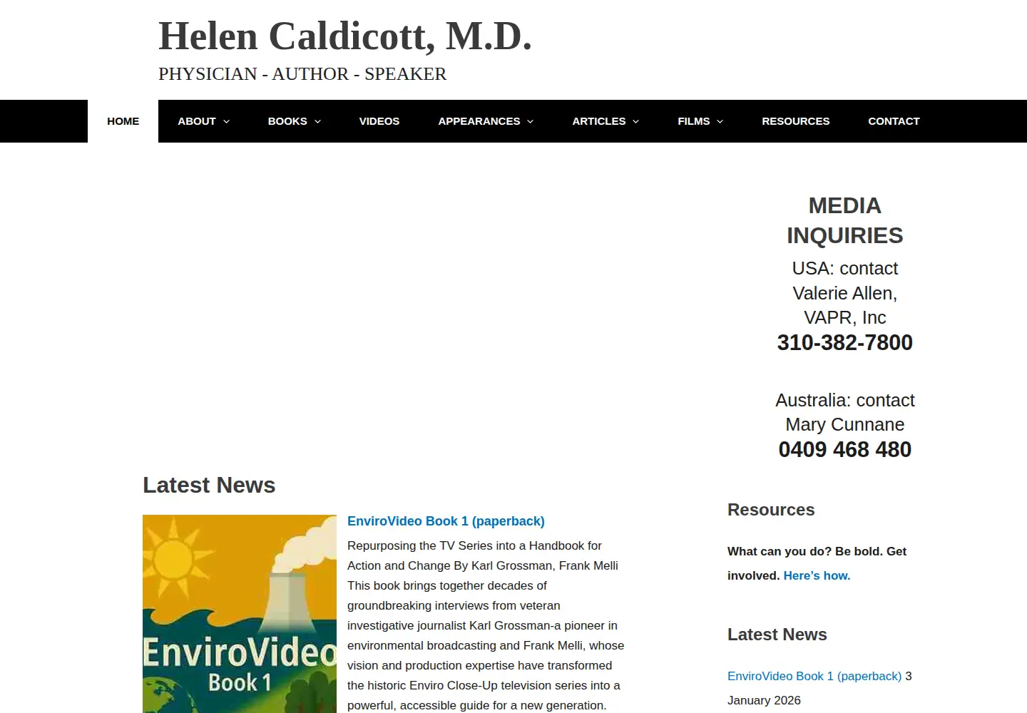 Captured homepage of helencaldicott.com in the current scan