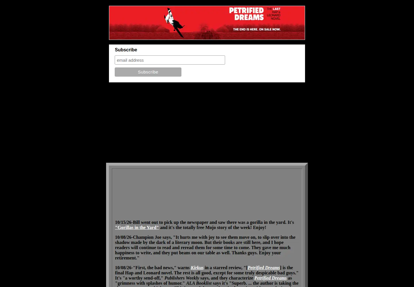 Captured homepage of joerlansdale.com in the current scan