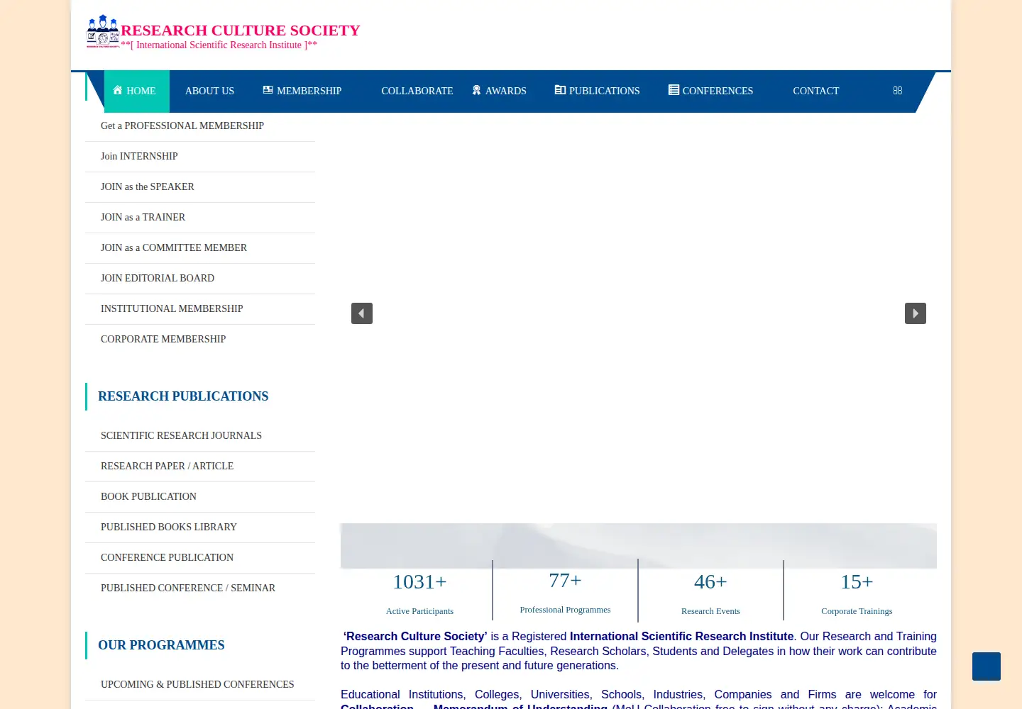 Captured homepage of researchculturesociety.org in the current scan