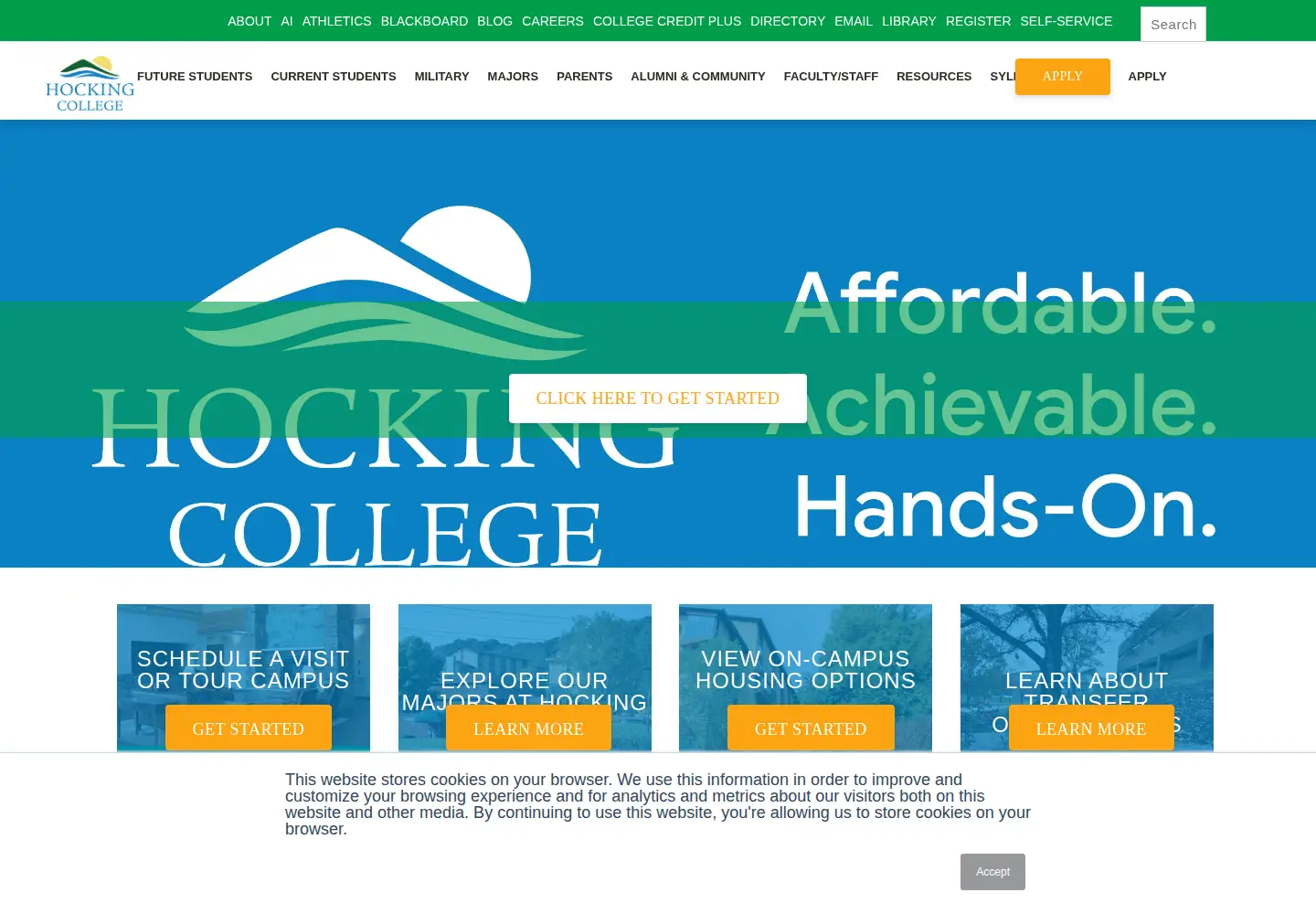 Captured homepage of hocking.edu in the current scan