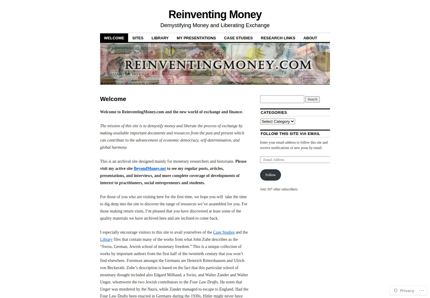Captured homepage of reinventingmoney.com in the current scan