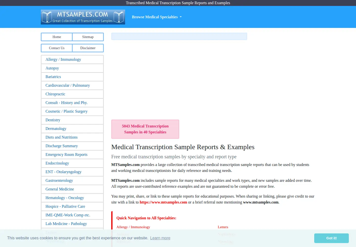 Screenshot of mtsamples.com