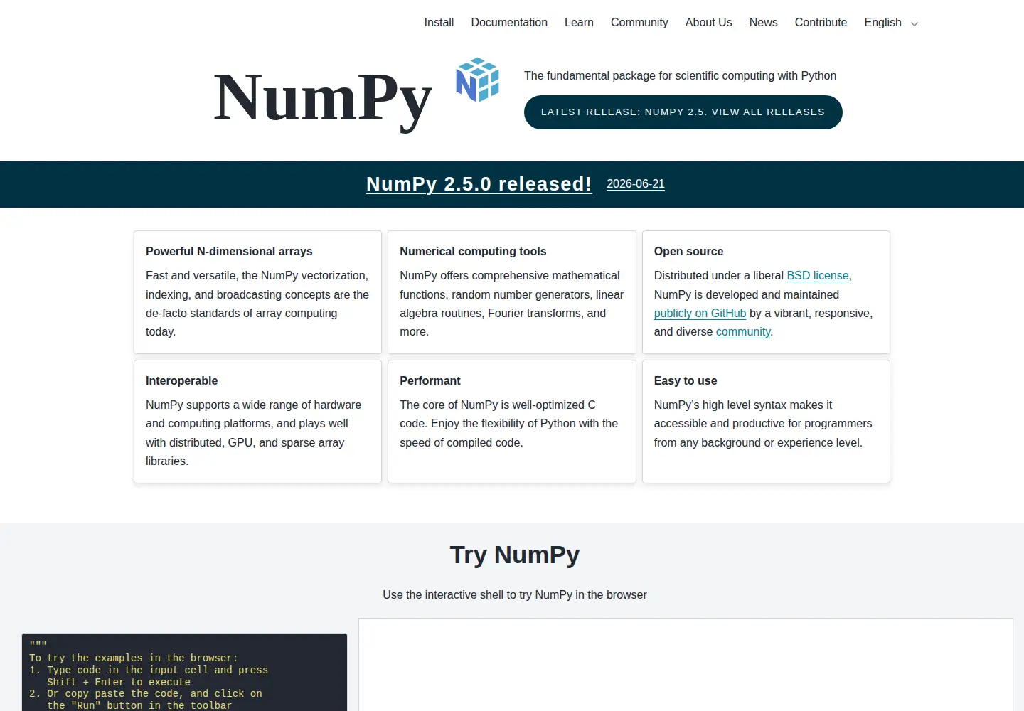 Screenshot of numpy.org