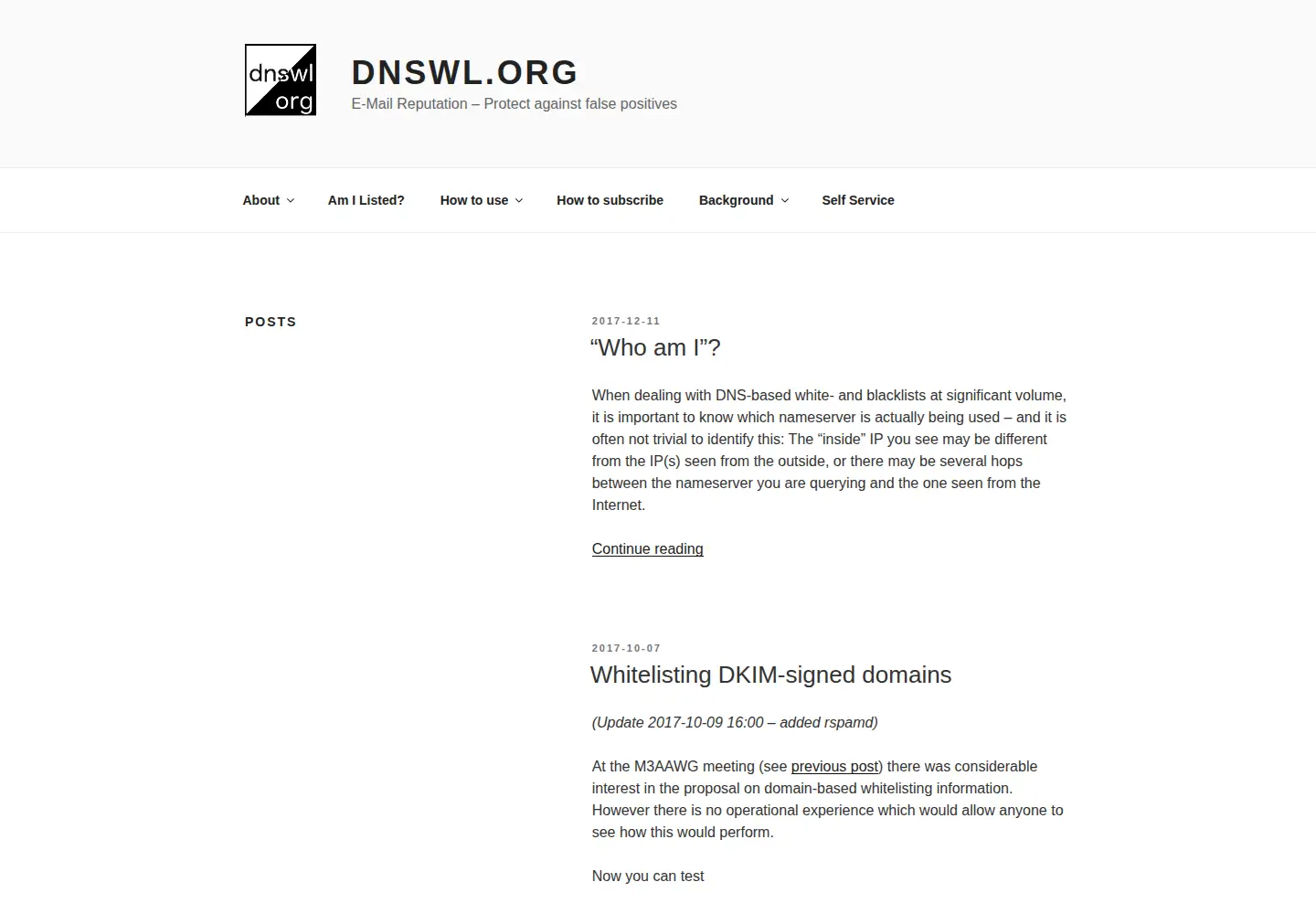 Captured homepage of dnswl.org in the current scan