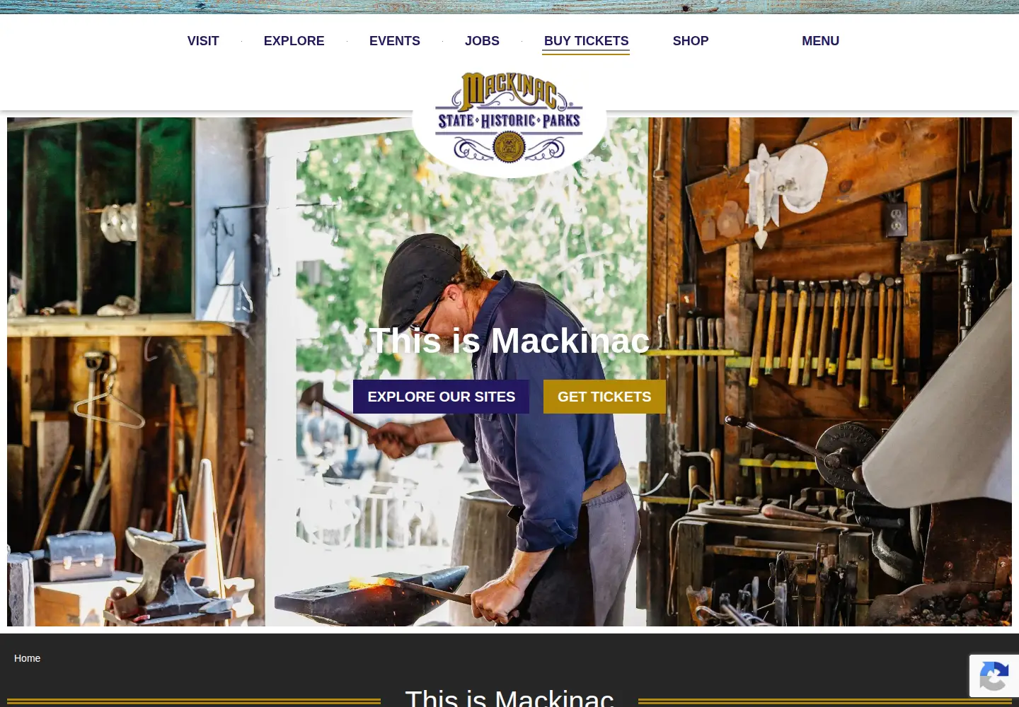Captured homepage of mackinacparks.com in the current scan