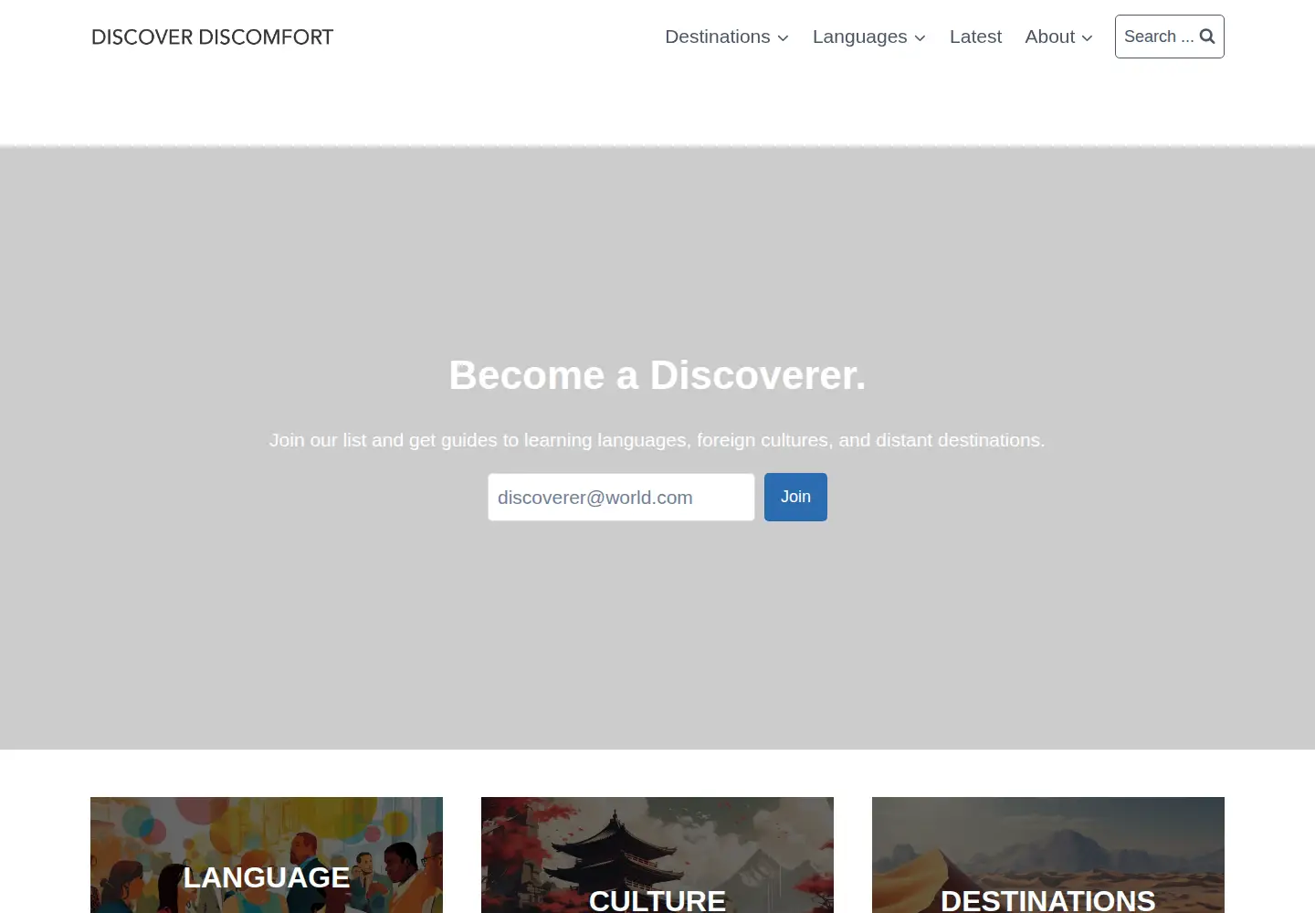 Captured homepage of discoverdiscomfort.com in the current scan