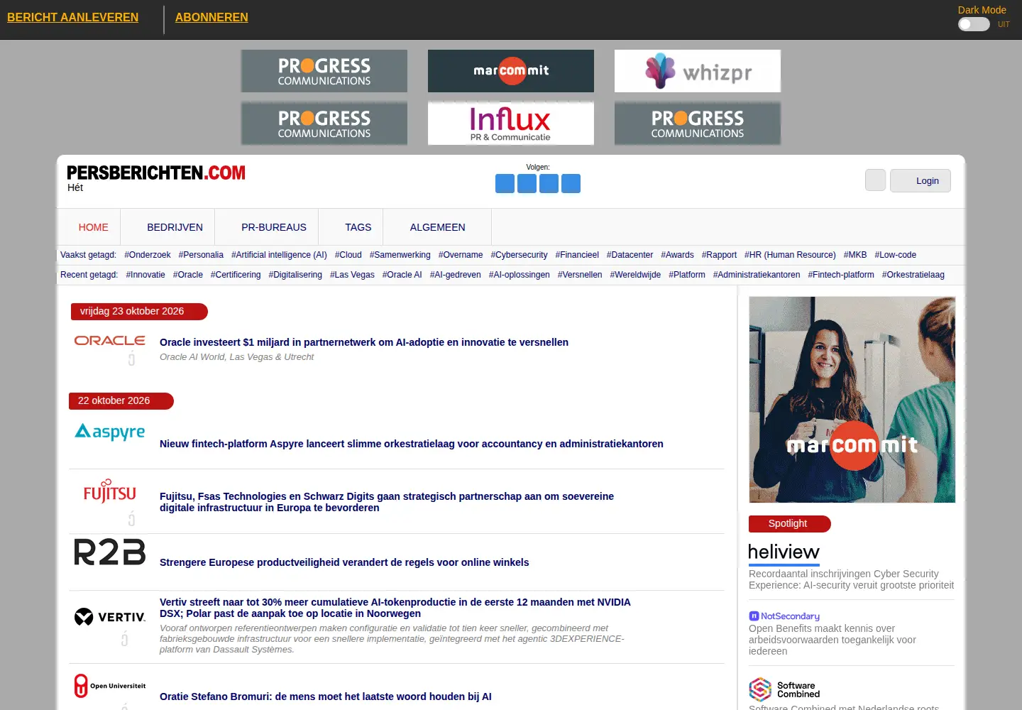 Captured homepage of persberichten.com in the current scan