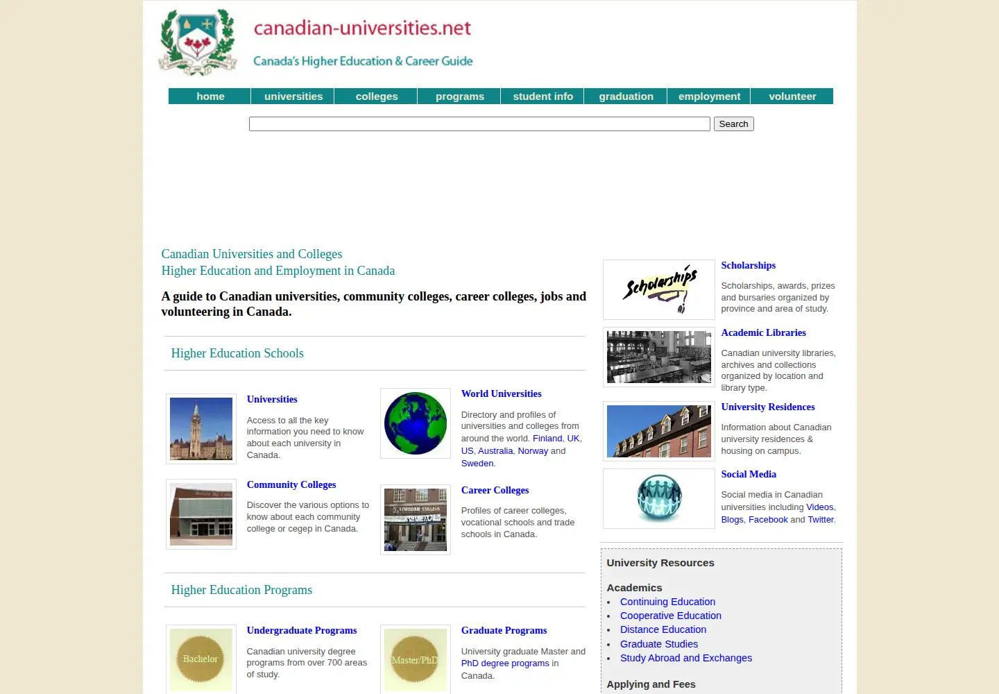 Captured homepage of canadian-universities.net in the current scan