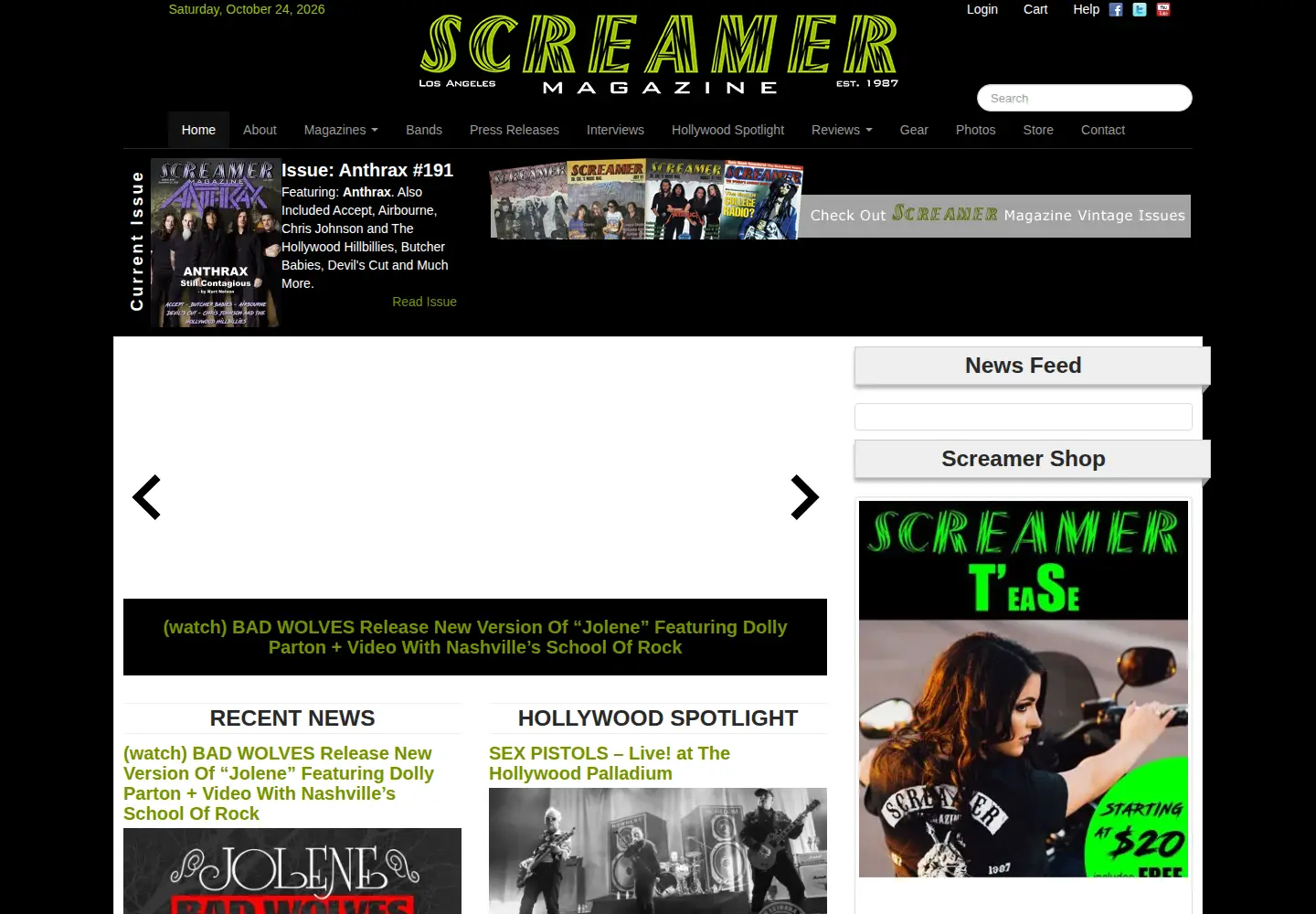 Captured homepage of screamermagazine.com in the current scan