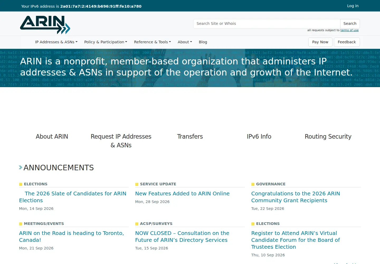 Screenshot of arin.net