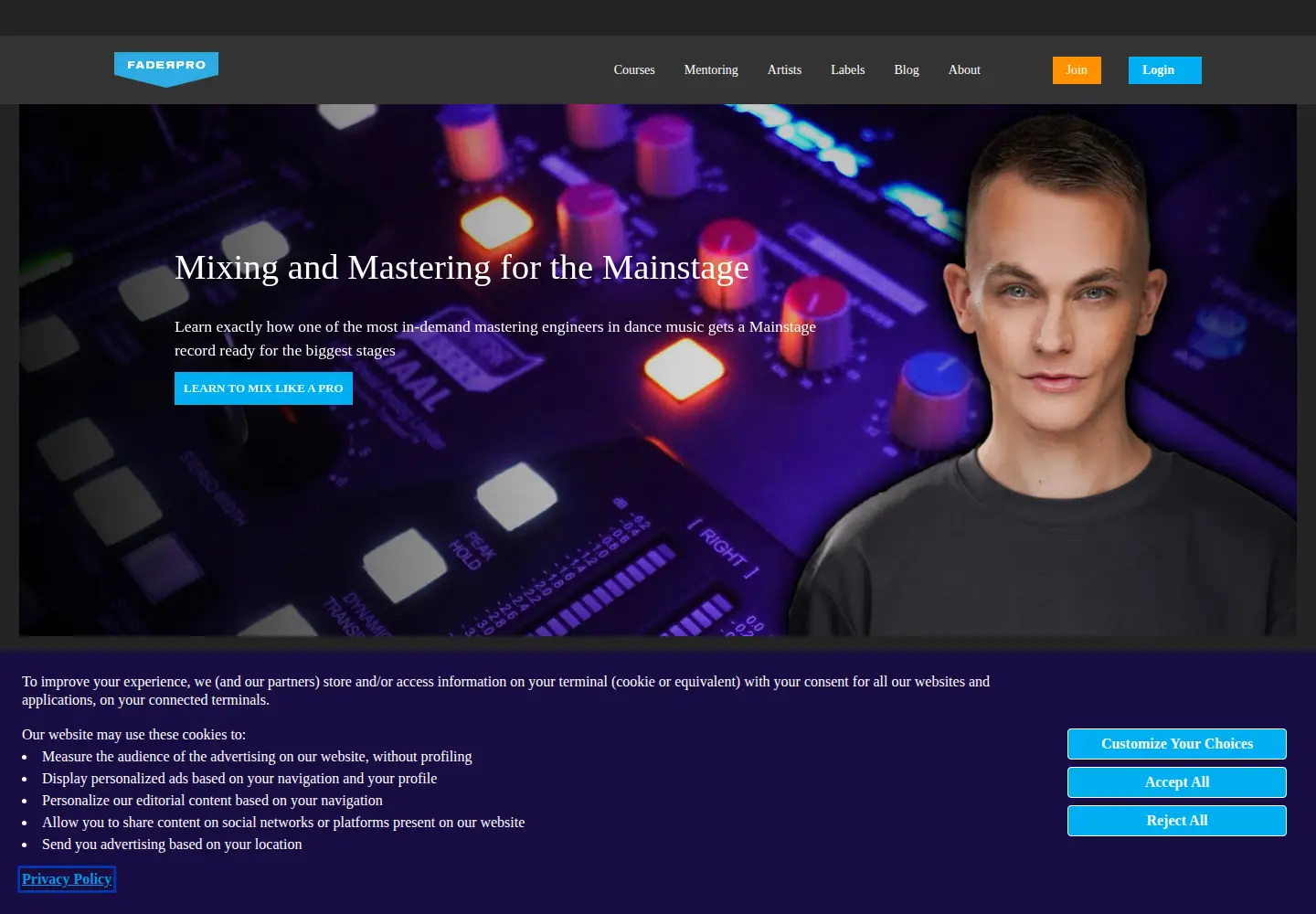 Captured homepage of faderpro.com in the current scan