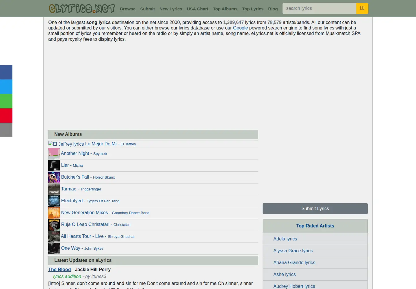 Screenshot of elyrics.net