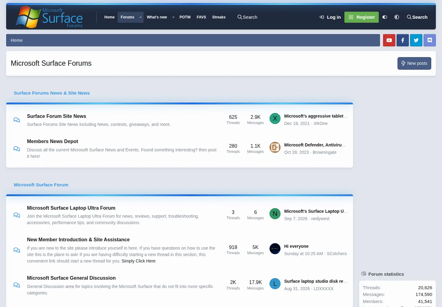 Captured homepage of surfaceforums.net in the current scan