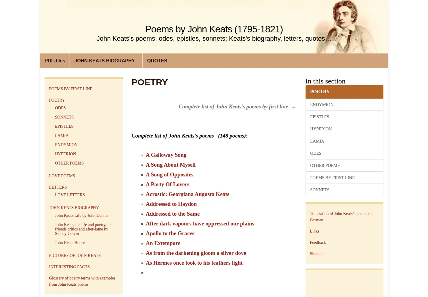 Screenshot of keats-poems.com