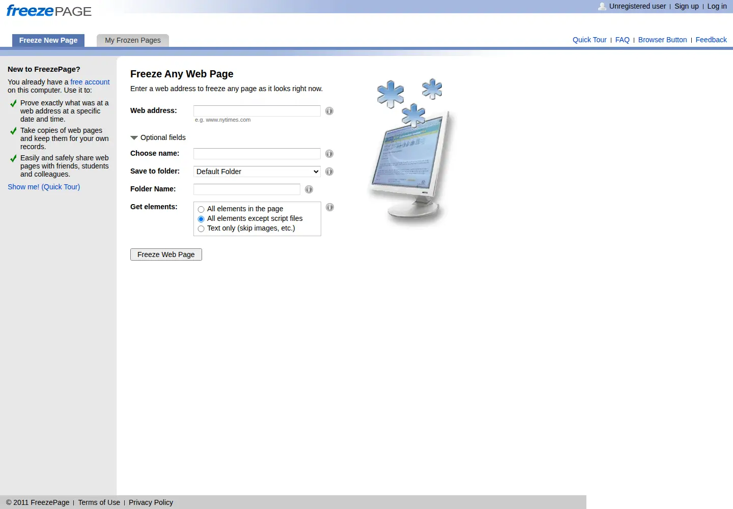 Screenshot of freezepage.com