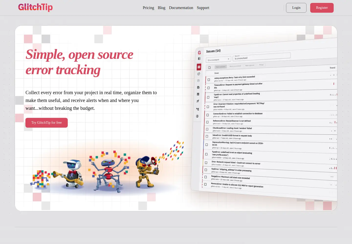 Screenshot of glitchtip.com