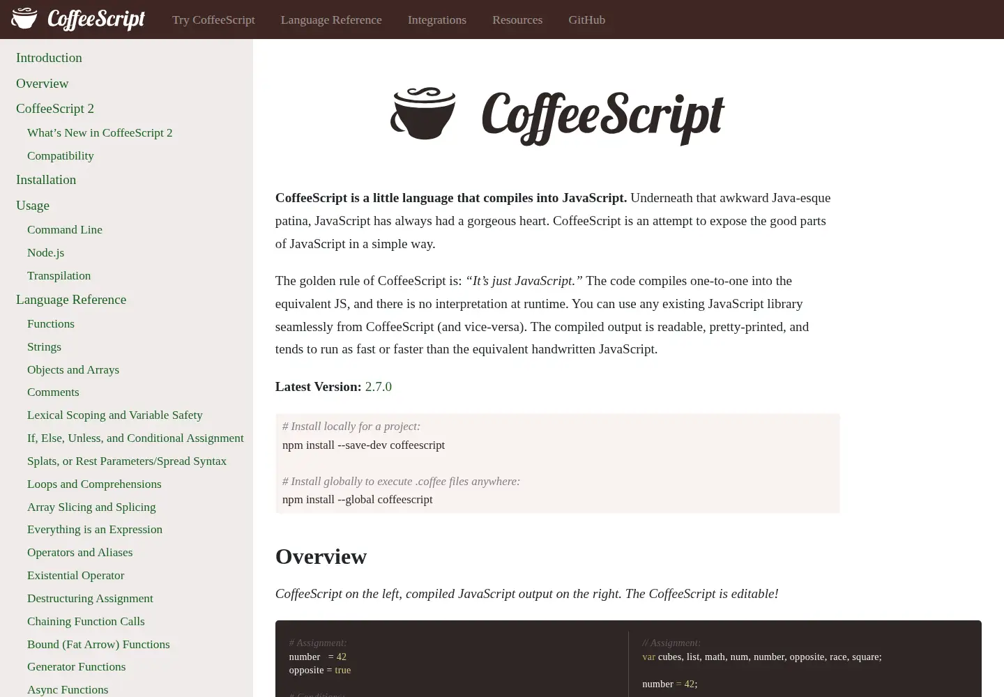 Screenshot of coffeescript.org